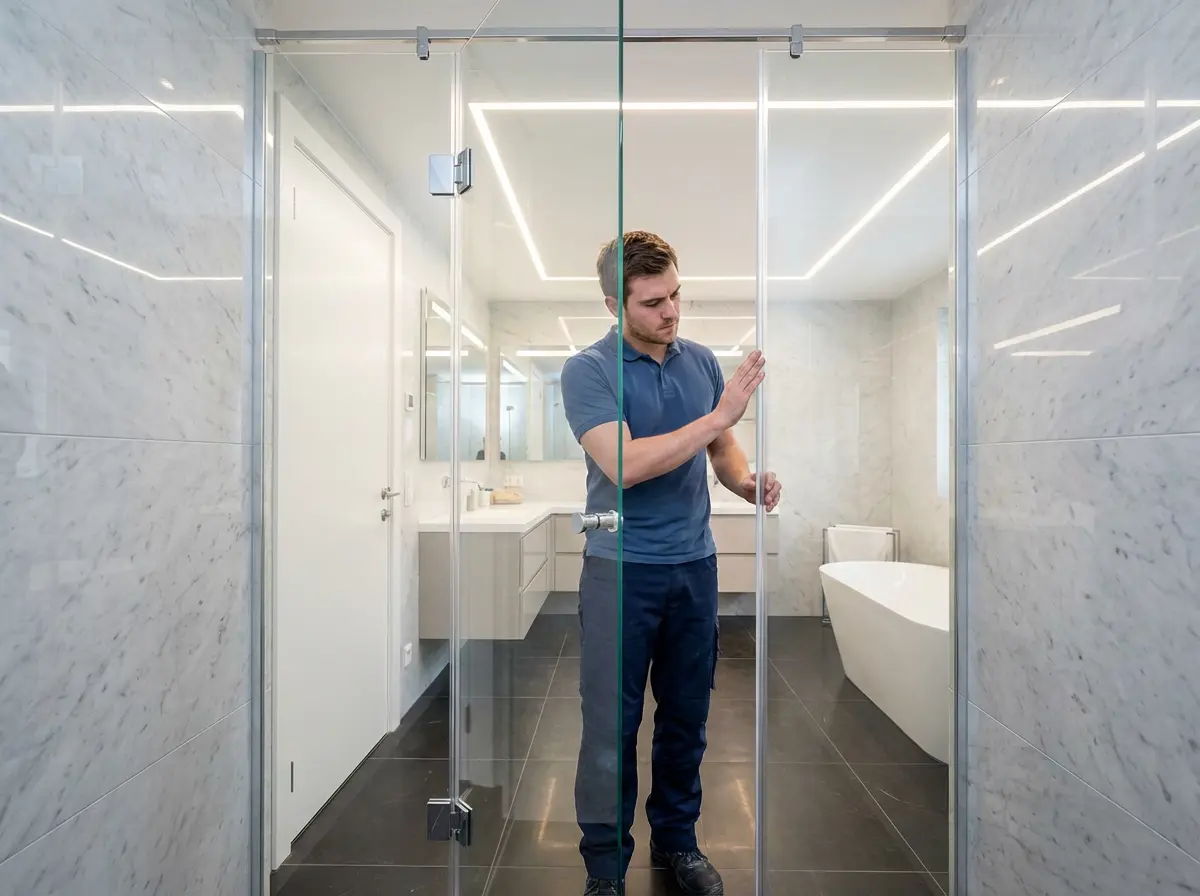 Mann reinigt eine transparente Glasduschtür mit einem Abzieher.