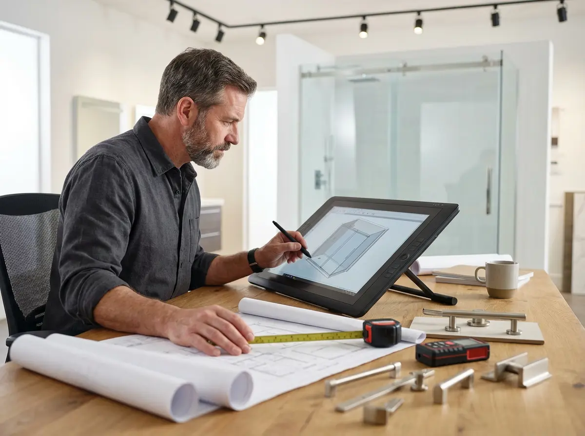 Planer arbeitet am Schreibtisch mit Tablet und Bauplänen