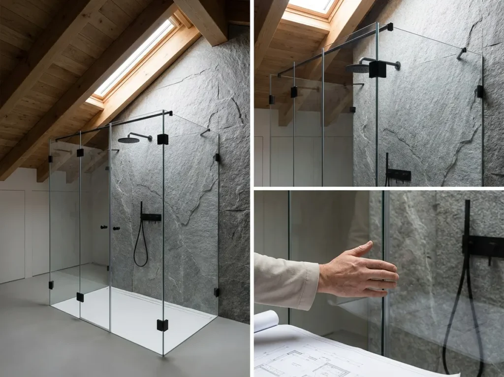 Collage einer Badsanierung: Vorher-Nachher-Vergleich einer modernen Glasdusche.