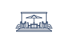Icon: Blaues Symbol für Terrassenmöbel mit Sonnenschirm.